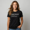 Woman wearing a black t-shirt with a dictionary-style definition of Booktrovert: a person who prefers the company of fictional characters to real people