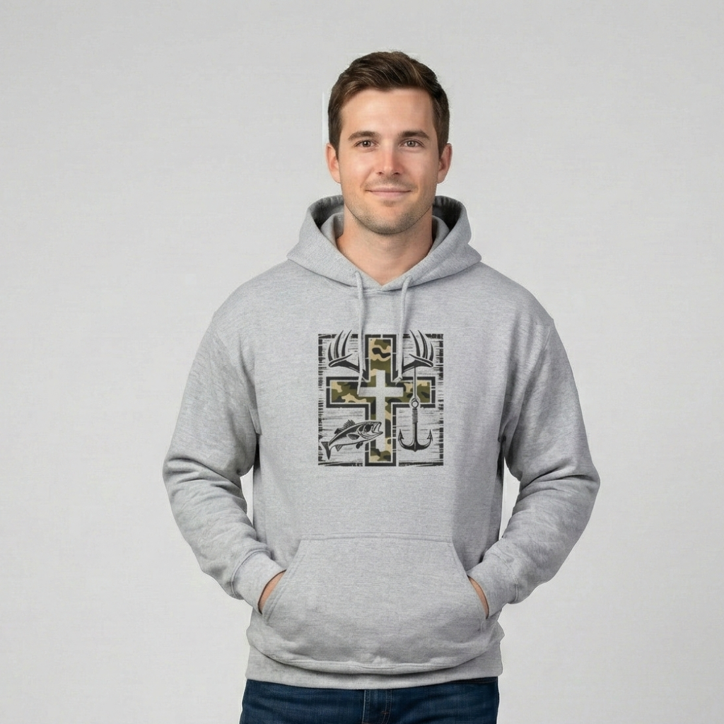 Lifestyle photo of a man wearing a heather gray hoodie with a cross graphic featuring camouflage and fishing elements, including a fish and an anchor, against a neutral background.