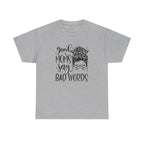 Front view mockup of a sport grey t-shirt featuring the “Good Moms Say Bad Words” graphic with a messy bun and glasses illustration in a clean, easy-to-read print.
