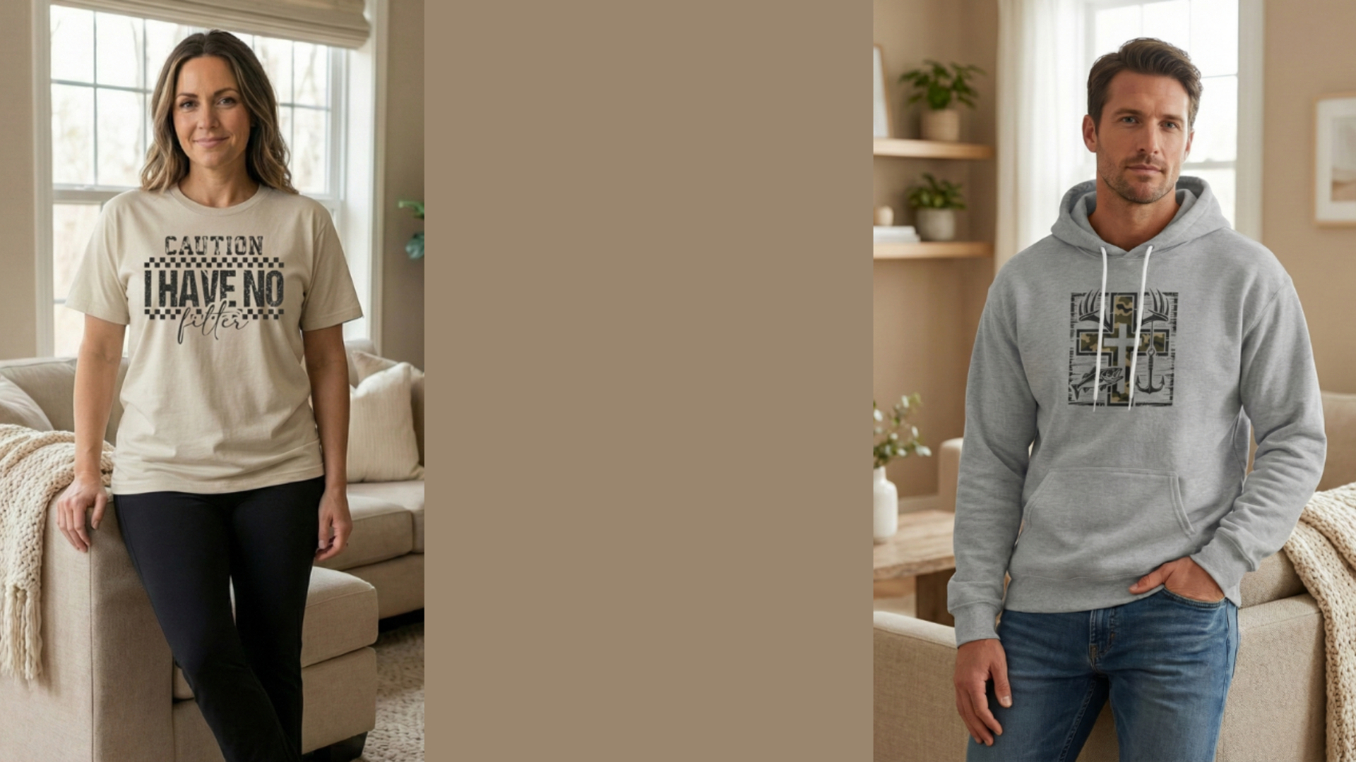 Cozy Juniper homepage hero banner featuring a woman in a neutral living room wearing a “Caution I Have No Filter” graphic tee and a man wearing a gray hoodie with a cross and fishing-inspired graphic, with a warm neutral design layout.