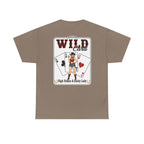 Brown t-shirt featuring a large “Wild Card” playing-card back graphic with western cowgirl illustration, playing cards, and “High Stakes & Lucky Lady” text.