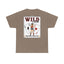 Brown t-shirt featuring a large “Wild Card” playing-card back graphic with western cowgirl illustration, playing cards, and “High Stakes & Lucky Lady” text.