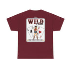 Burgundy t-shirt featuring a large “Wild Card” playing-card back graphic with western cowgirl illustration, playing cards, and “High Stakes & Lucky Lady” text.