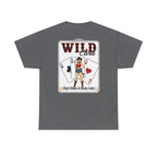 Dark heather gray t-shirt featuring a large “Wild Card” playing-card back graphic with western cowgirl illustration, playing cards, and “High Stakes & Lucky Lady” text.